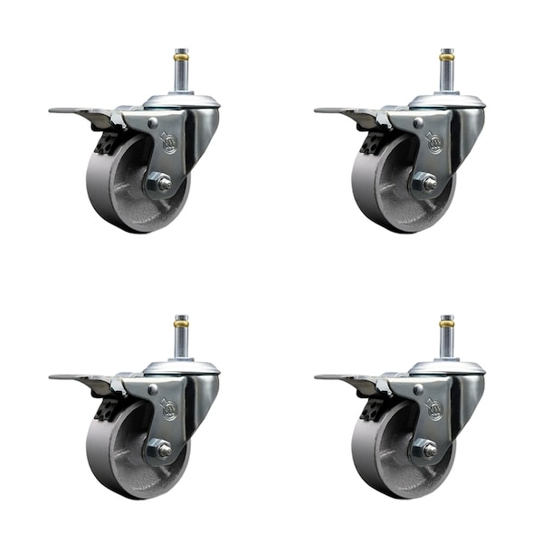 Semi Steel Swvl Grip Ring Caster Set 4 w/3'' Wheel&7/16'' Stem-4 Swvl w/TTL BRK, 4PK